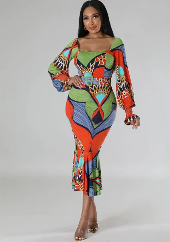 Fashion Square Neck Printed Long Sleeve Slim Mermaid Dress