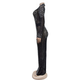 Solid Rhinestone Mesh Long Sleeve Maxi Evening Dress