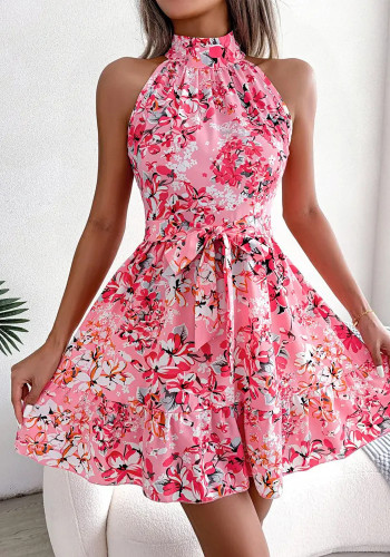 Sleeveless Floral Print Halter Neck Slim Waist Casual Dress