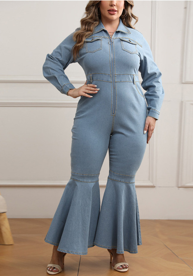 Plus Size Denim Zipper Turn Down Collar Long Sleeve Bell Bottom Jumpsuit