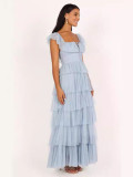 Blue Tulle Ruffles Layered Party Maxi Dress