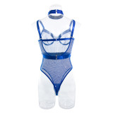 Fishnet See Through Bodysuit with Choker Sexy Lingerie 2PCS set