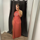 Printed Hollow Cross Sleeveless Slit Maxi Dress