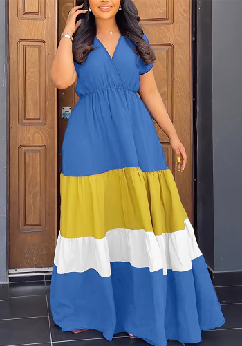 Trendy Plus Size Casual Contrast Color Short Sleeve V-Neck Maxi Dress