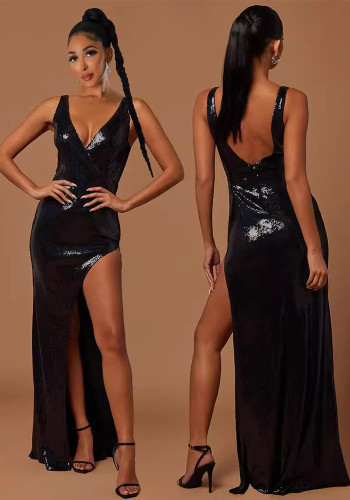 Sexy V-Neck Low Back Sequined Sleeveless Slit Party Long Dress