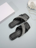 Square Toe Plus Size Cross Straps Rhinestone Roman Sandals Open Toe Flat Slippers