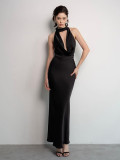 Black Sexy Plunge Neck Halter Low Back Satin Maxi Dress