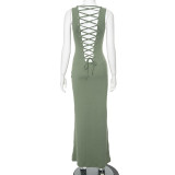 Sexy Solid Lace-Up Two Way Hollow Long Dress