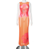 Printed Sleeveless See-Through Mesh Round Neck Bodycon Long Dress