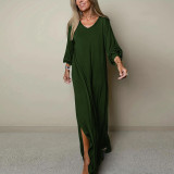 Plus Size Solid Long Sleeve V-Neck Slit Loose Maxi Dress