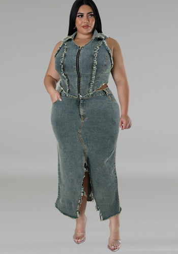 Plus Size Denim 2 Piece Skirt Set Zipper Vest and Slit Long Skirt