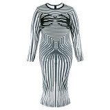 Plus Size Printed Round Neck Back Slit Long Sleeve Slinky Maxi Dress