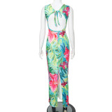 Floral Print Sleeveless Lace-Up Open Back Maxi Dress