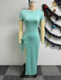 Sexy Solid Hollow Stretch Slit Tie Side Irregular Long Dress Shorts Two Piece Set