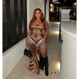 Sexy Printed Strapless Low Back Slit Lace-Up Maxi Dress