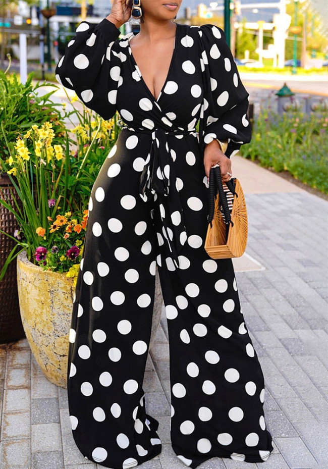 Plus Size Dot Print Puff Sleeve V-Neck Wide Leg Jumpsuit