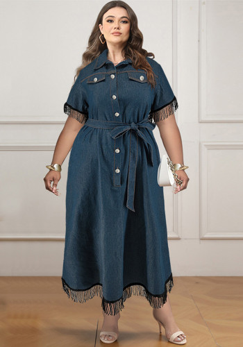 Plus Size Short Sleeve Tassel Buttoned Casual Dress with Belt