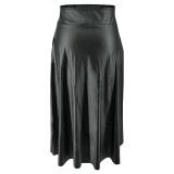 Plus Size Black PU Leather Zipper Slit Long Skirt