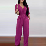 Solid V Neck Tie Waist Fashion Jumpsuit