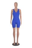 Solid Ribbed Knitting U-Neck Sleeveless Rompers