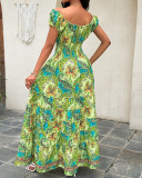 Vintage Floral Print V Neck Shirred Maxi Dress
