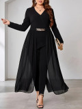 Plus Size V neck Long Sleeve Overlay Jumpsuit