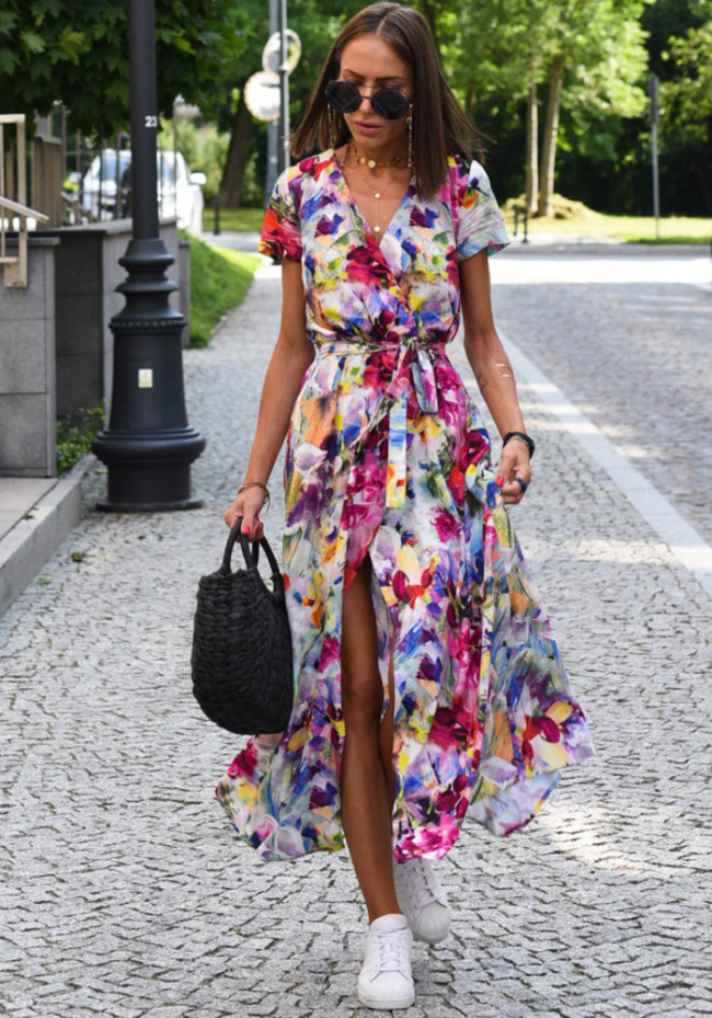 Printed Slim Tie Waist V-Neck Short Sleeve Maxi Dress