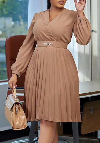 Solid V Neck Long Sleeve Pleated Plus Size African Dress
