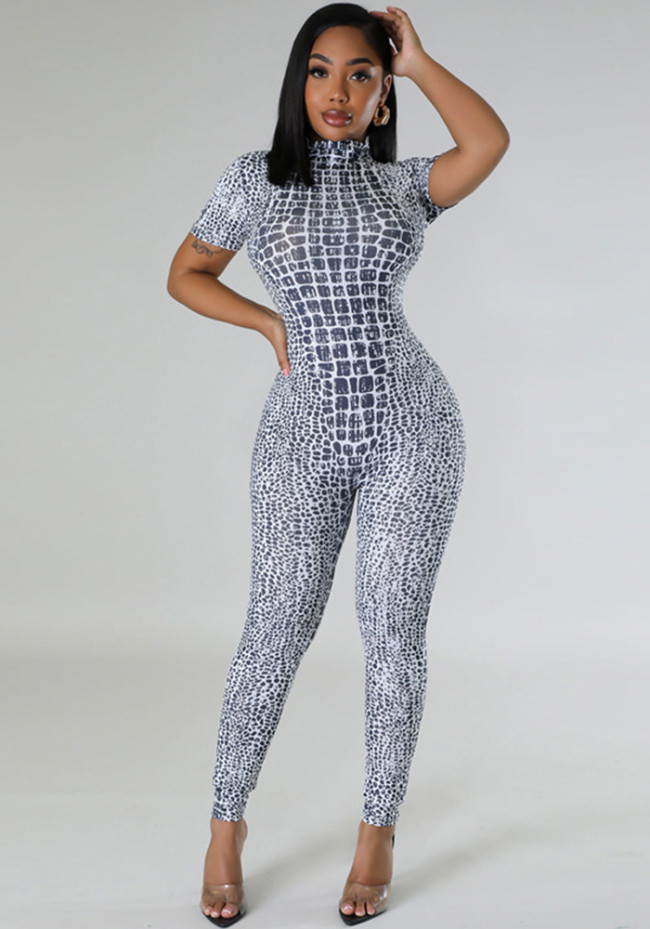 Fashion Print Bodycon Sexy Short Sleeve Jumpsuit
