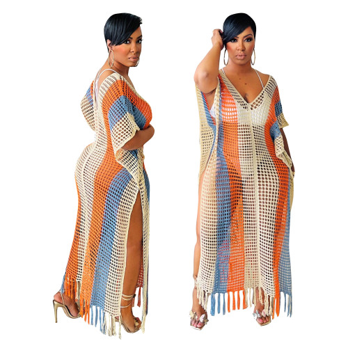 Striped V-Neck Tassel Knitting Long Beach Dress Cover-up