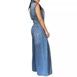 Casual Button Sleeveless Denim Wide Leg Jumpsuit