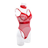 Fishnet See Through Bodysuit with Choker Sexy Lingerie 2PCS set