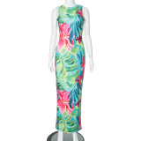 Floral Print Sleeveless Lace-Up Open Back Maxi Dress
