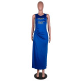 Printed Hollow Cross Sleeveless Slit Maxi Dress