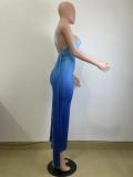 Sleeveless Slash Shoulder Gradient Blue Sexy Bodycon Maxi Dress