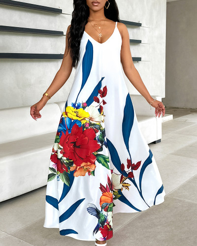 Floral Print V-Neck Cami Loose Maxi Dress