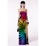 Sexy Printed Strapless Low Back Slit Lace-Up Maxi Dress