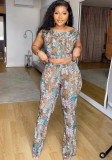 Casual Printed Sleeveless Tank Top Flare Pants Two Piece Set