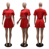 Round Neck Loose Printed Short Sleeve Crop Top +Pleated Skirt 2PCS Set