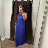 Printed Hollow Cross Sleeveless Slit Maxi Dress
