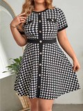 Houndstooth Print Button Short Sleeve Plus Size Dress
