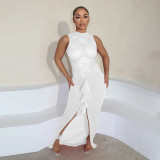 Sexy Lace Bodice Slit Ruched Ruffle Maxi Dress