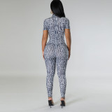 Fashion Print Bodycon Sexy Short Sleeve Jumpsuit
