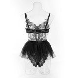 Floral Transparent Lace Backless Bodysuit and Skirt Sexy Lingerie 2PCS Set