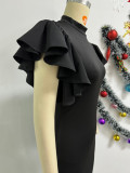 Sexy Solid Black Ruffled Sleeve Bodycon Midi Dress
