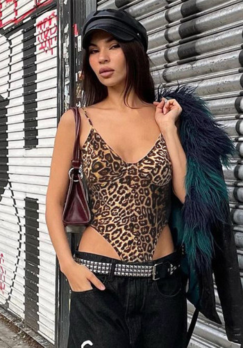 Leopard Print Sexy V-Neck Cami Low Back Bodysuit