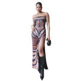 Sexy Printed Strapless Low Back Slit Lace-Up Maxi Dress