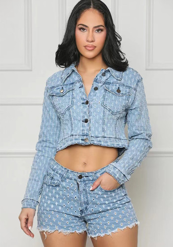 Casual Ripped Hollow Out Denim Jacket and Shorts Set