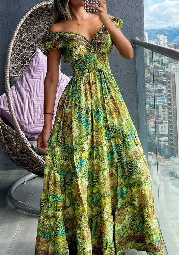 Vintage Floral Print V Neck Shirred Maxi Dress