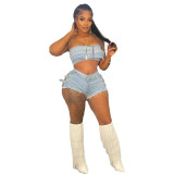 Fashionable Denim Two Pieces Sexy Beaded Buckle Bandeau Top Shorts Set